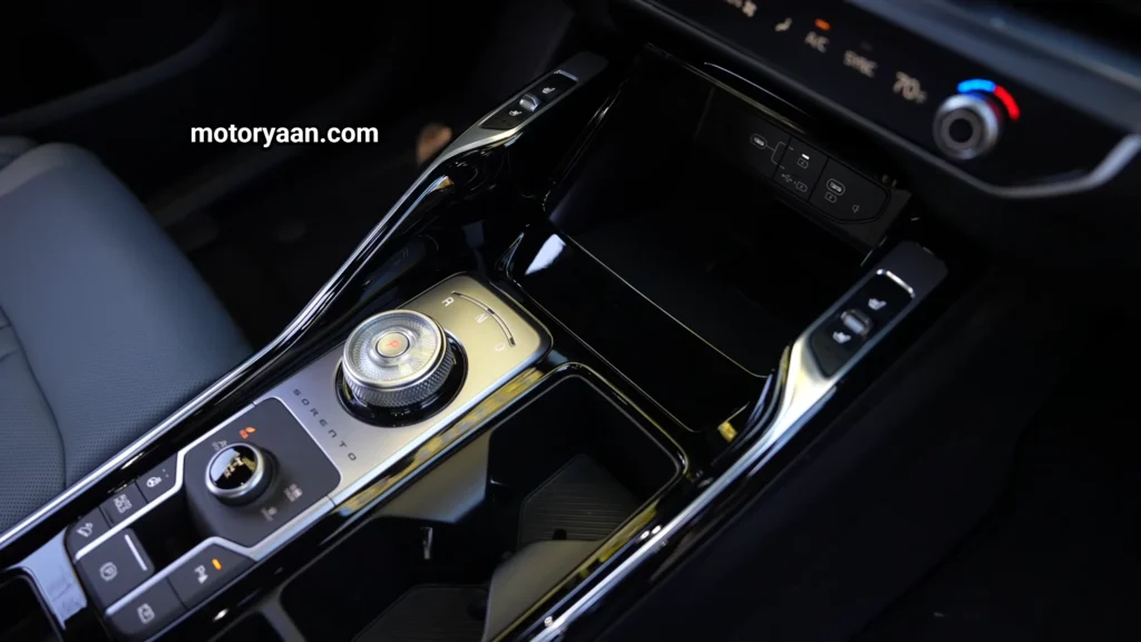 Center console layout of the SUV shown in the Kia Sorento Hybrid Complete Technical Review.