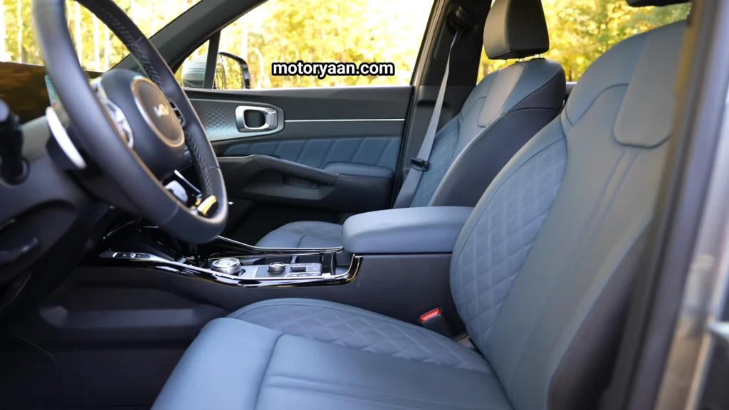 Front interior and front seats of the SUV featured in the Kia Sorento Hybrid Complete Technical Review.