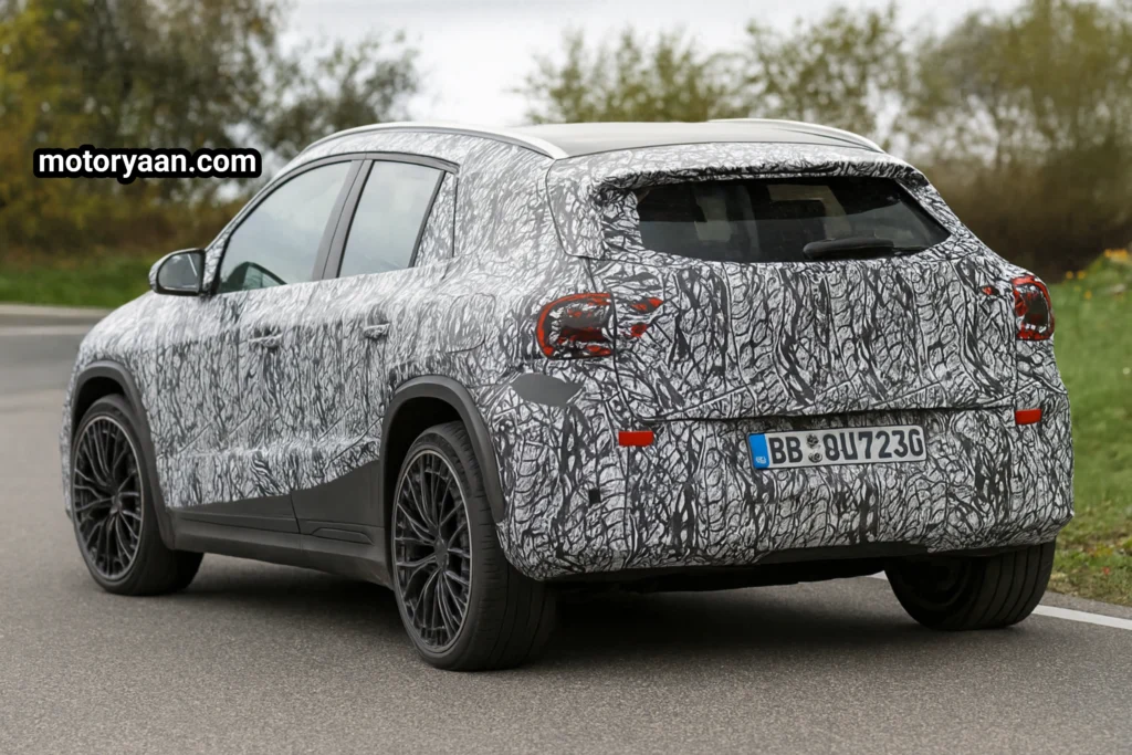 2026 Mercedes GLA rear and side profile view showing tail lamps and sporty rear spoiler