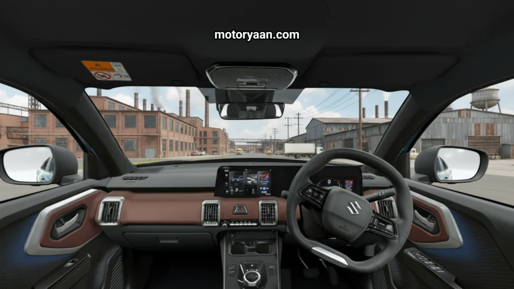 2025 Maruti Suzuki e Vitara Launch Date interior front dashboard with twin screens, steering wheel, digital cluster, and center console