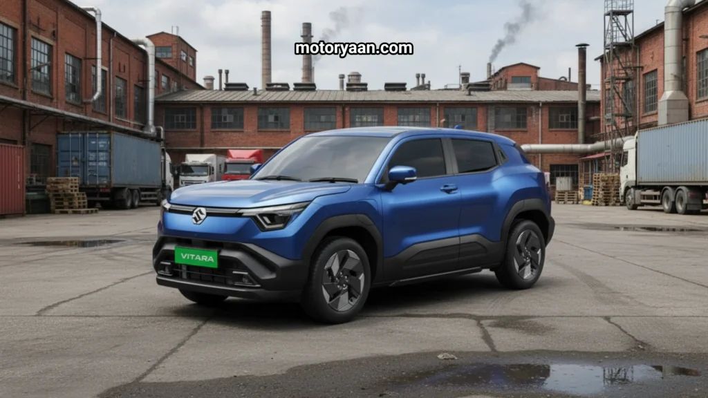 2025 Maruti Suzuki e Vitara Launch Date front and side profile showcasing the electric SUV’s aerodynamic design, LED headlamps, and bold stance