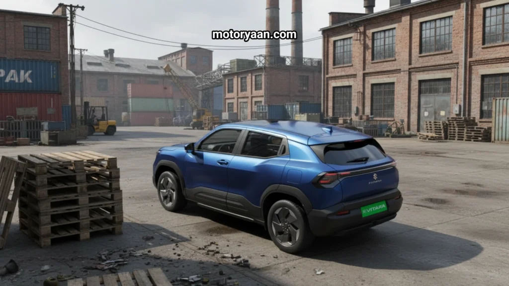 2025 Maruti Suzuki e Vitara Launch Date rear and side profile with LED tail lights, aerodynamic wheels, and dual-tone exterior finish