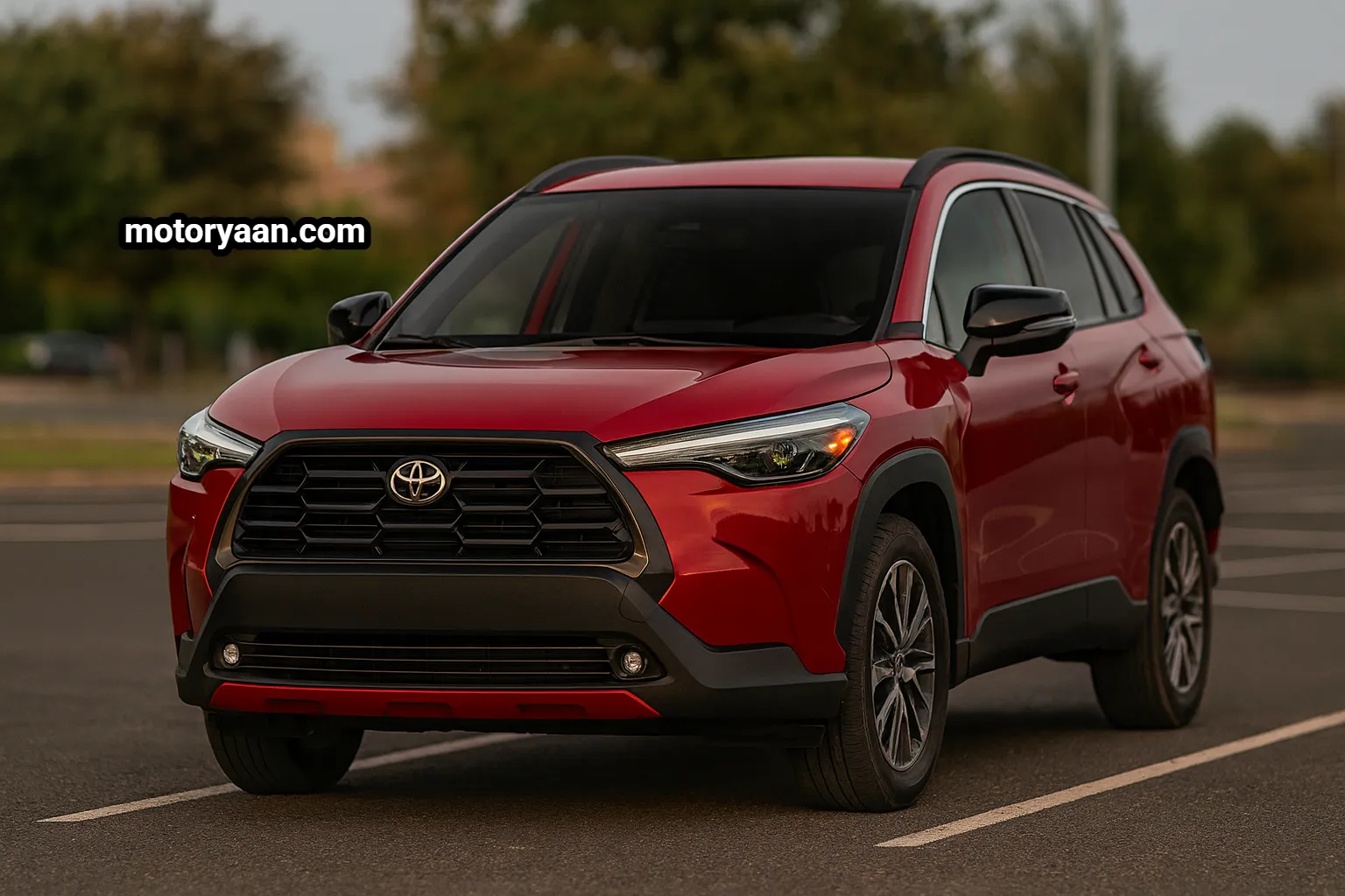 2026 Toyota Corolla Cross XLE front and side profile showing rugged grille design, LED headlights, 18-inch alloy wheels, and boxy SUV stance