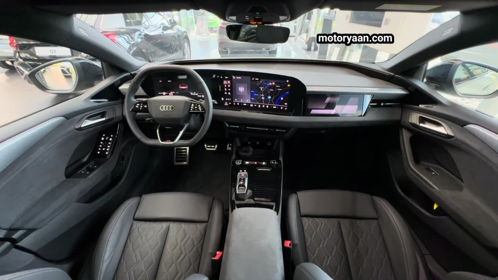 2025 Audi A6 e-tron interior with driver and passenger infotainment screens