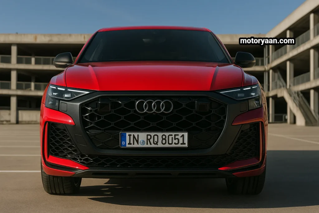 2025 Audi RSQ8 Performance Review close-up front fascia with laser matrix LED headlights and redesigned grille