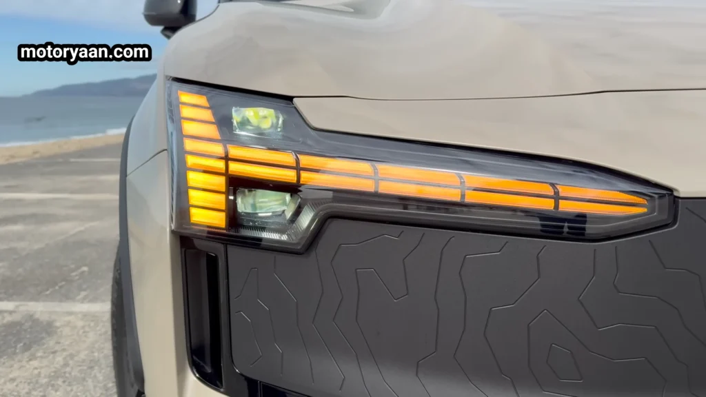 2026 Volvo EX30 Cross Country Review close-up of LED headlights with Thor hammer DRL