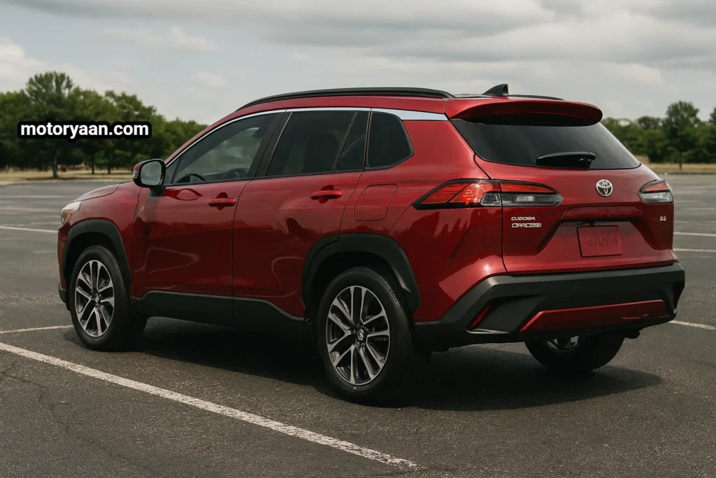 2026 Toyota Corolla Cross XLE side and rear profile displaying roof rails, sculpted body lines, LED tail lights, and compact SUV dimensions