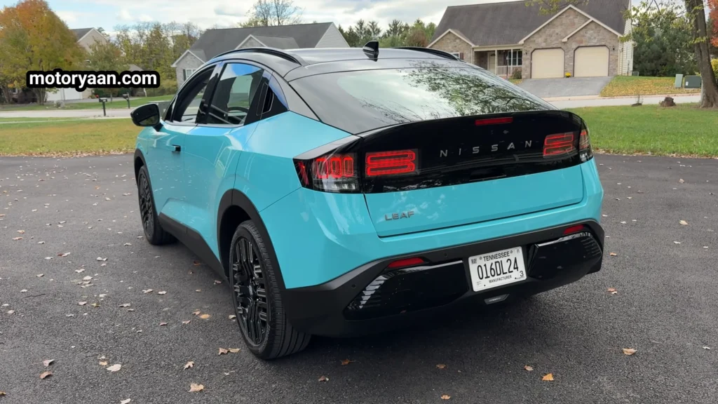 2026 Nissan Leaf Review showing side and rear profile of the vehicle
