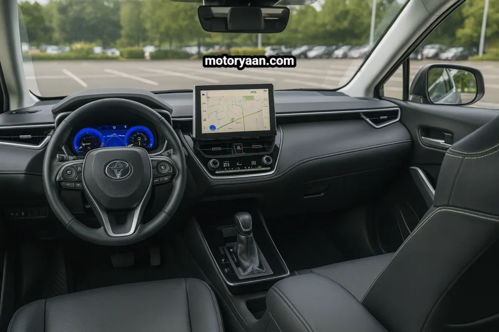 2026 Toyota Corolla Cross XLE interior showing digital instrument cluster, 10.5-inch infotainment system, leather-wrapped steering wheel, and center console layout