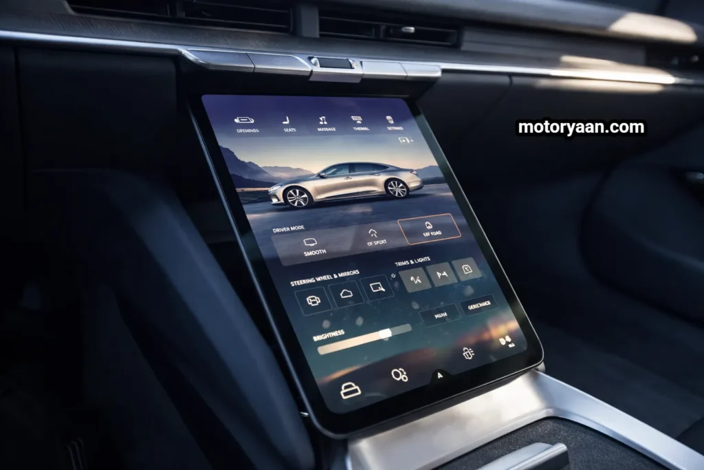 2026 Lucid Air Touring Review showing the large touchscreen used to control HVAC, air conditioning, seat ventilation, and vehicle settings