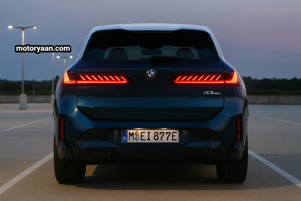 BMW iX3 Neue Klasse First Drive rear profile with LED tail lights and sporty EV bumper