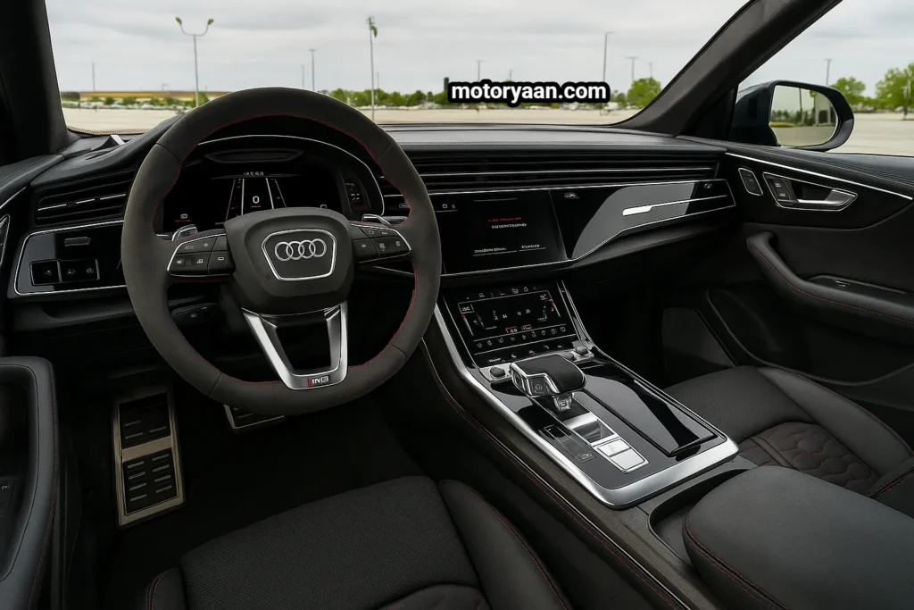 2025 Audi RSQ8 Performance Review interior with steering wheel, digital instrument cluster, center console, infotainment system, AC controls, dashboard, and front seats