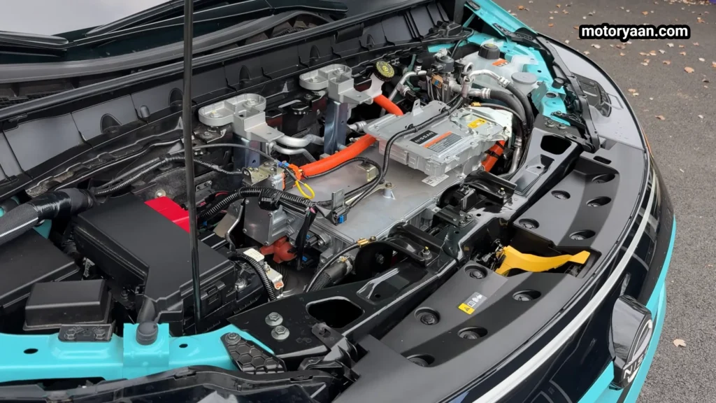 2026 Nissan Leaf Review showing EV power electronics under the front bonnet