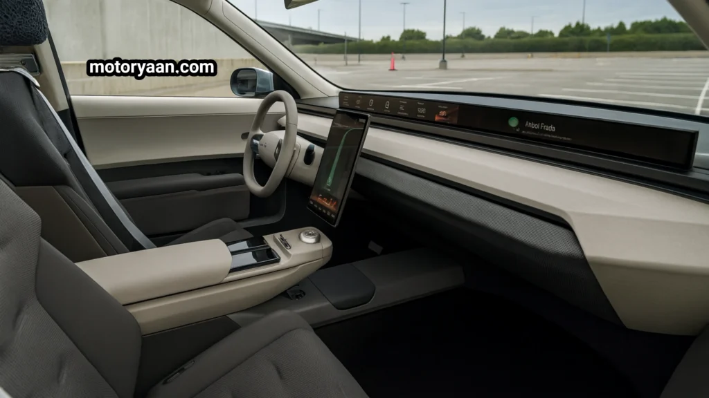 Skoda Vision O Review front interior showcasing Horizon Bend Display and sustainable materials