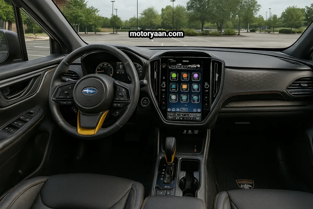 2025 Subaru Forester Wilderness Review interior showing dashboard, steering wheel, instrument cluster, and infotainment system