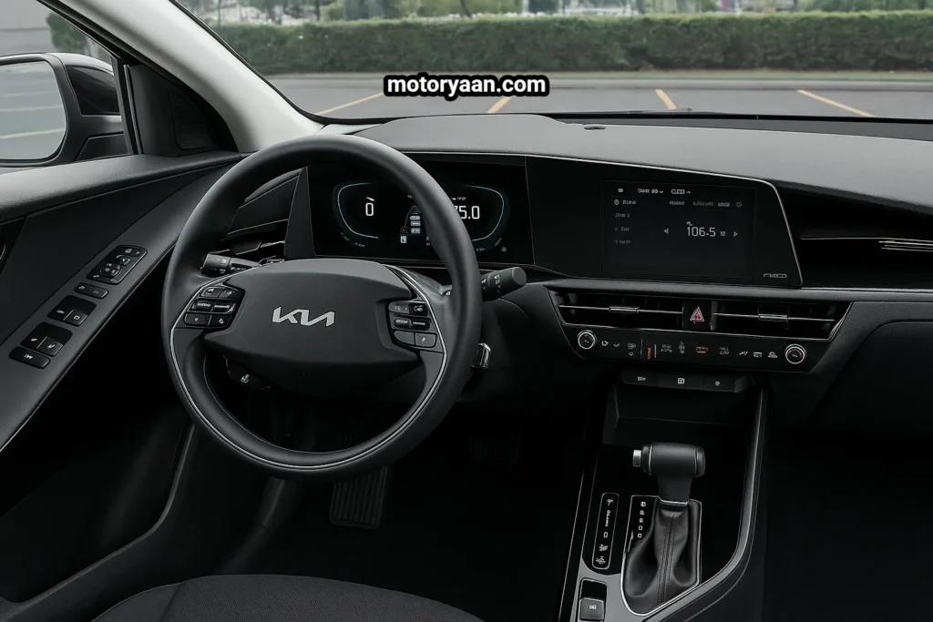 2026 Kia Niro Review interior front cabin with dashboard steering infotainment and seats