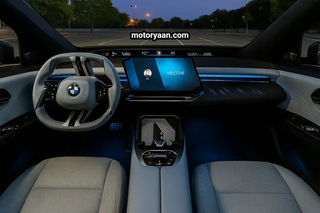 BMW iX3 Neue Klasse First Drive interior with steering wheel, infotainment display, instrument cluster, center console, and front seats