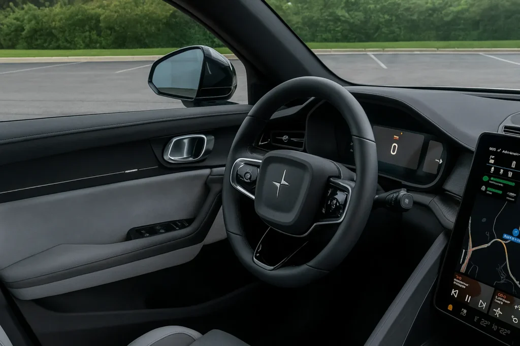 2026 Polestar 3 Review interior showing steering wheel, instrument cluster, and infotainment screen.