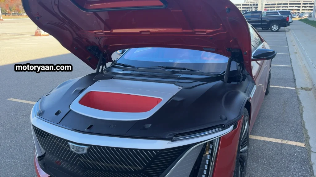 2025 Cadillac Celestiq Review front bonnet open showing frunk storage space