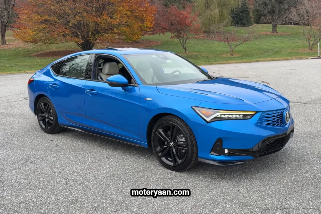2026 Acura Integra A-Spec Tech front and side angle showing liftback proportions