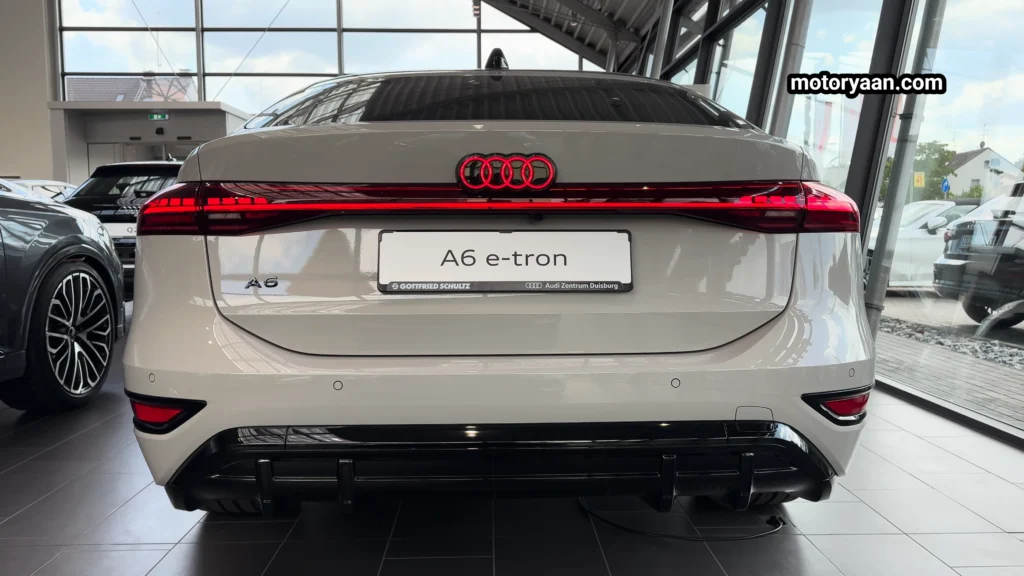 2025 Audi A6 e-tron rear profile showcasing full-width LED tail lights