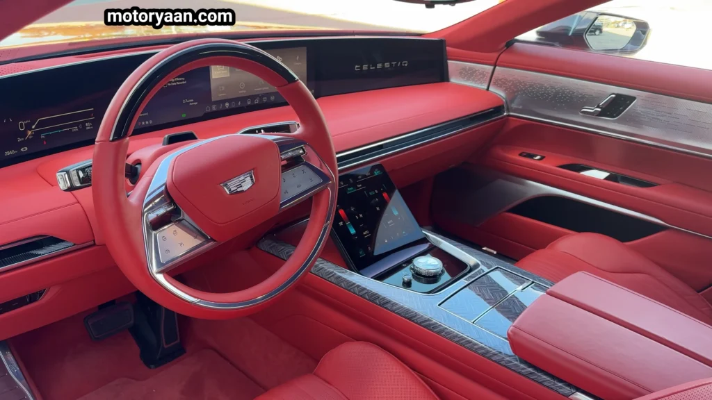 2025 Cadillac Celestiq Review front interior with panoramic display and luxury dashboard