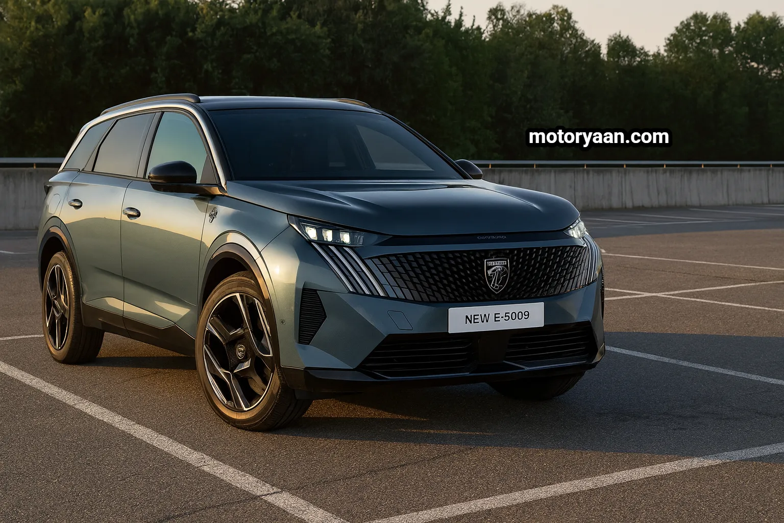 Peugeot E-5008 Electric SUV front and side profile showing bold exterior design, LED claw headlights, and large seven-seat electric family SUV proportions