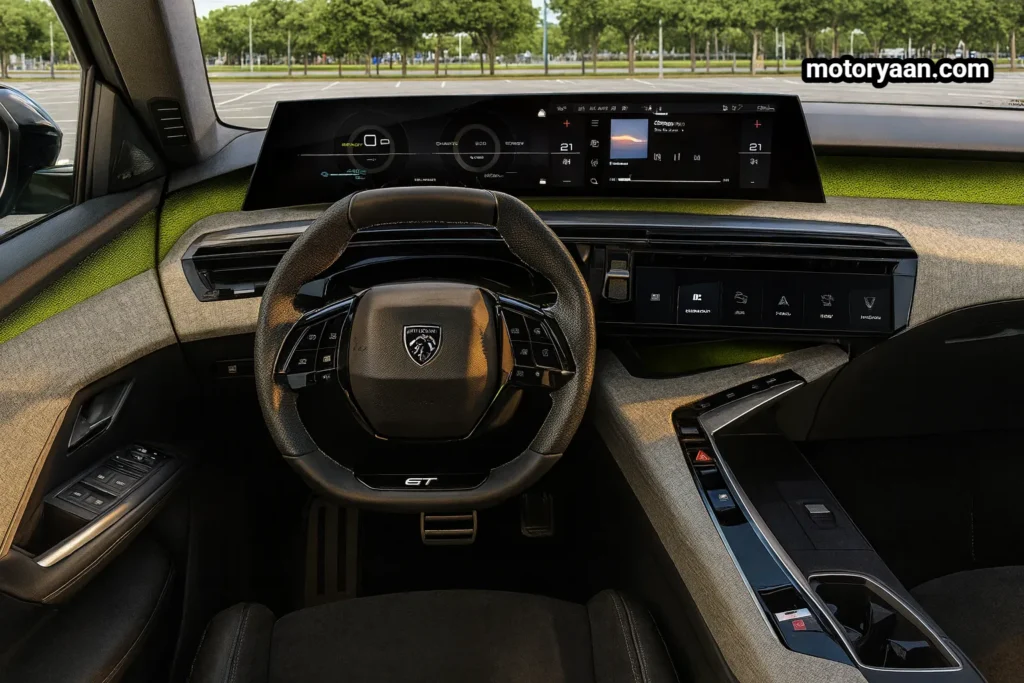 Peugeot E-5008 Electric SUV interior showing dashboard, steering wheel, 21-inch display, infotainment system, digital instrument cluster, center console, and climate controls