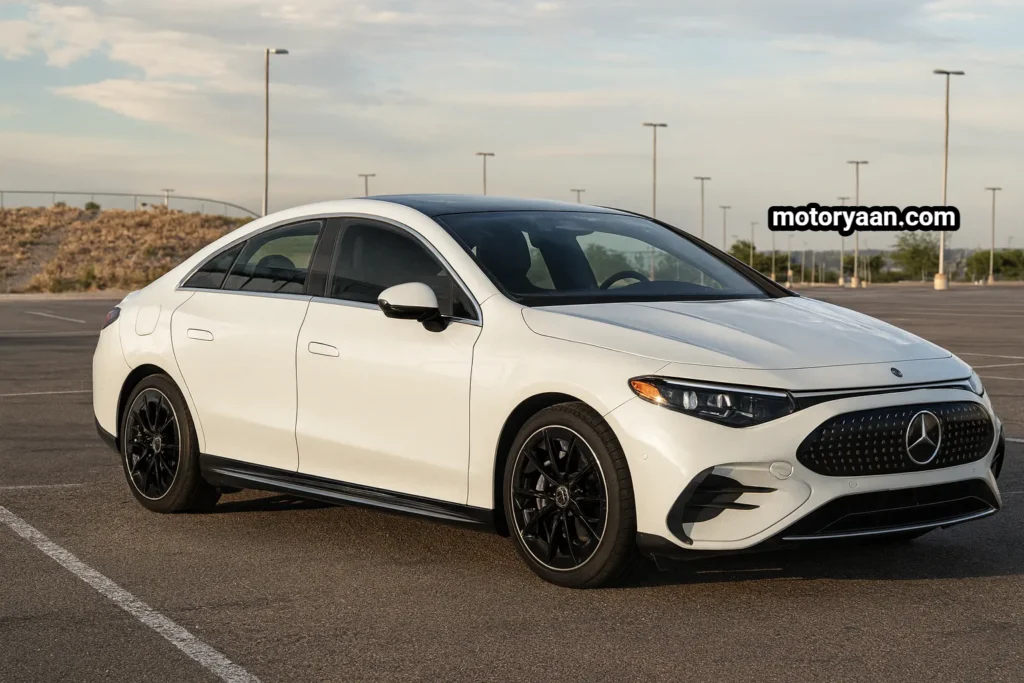 2025 Mercedes CLA 250 Plus Review showing the electric sedan front and side profile with illuminated grille, AMG Line design, flush door handles, and coupe style silhouette