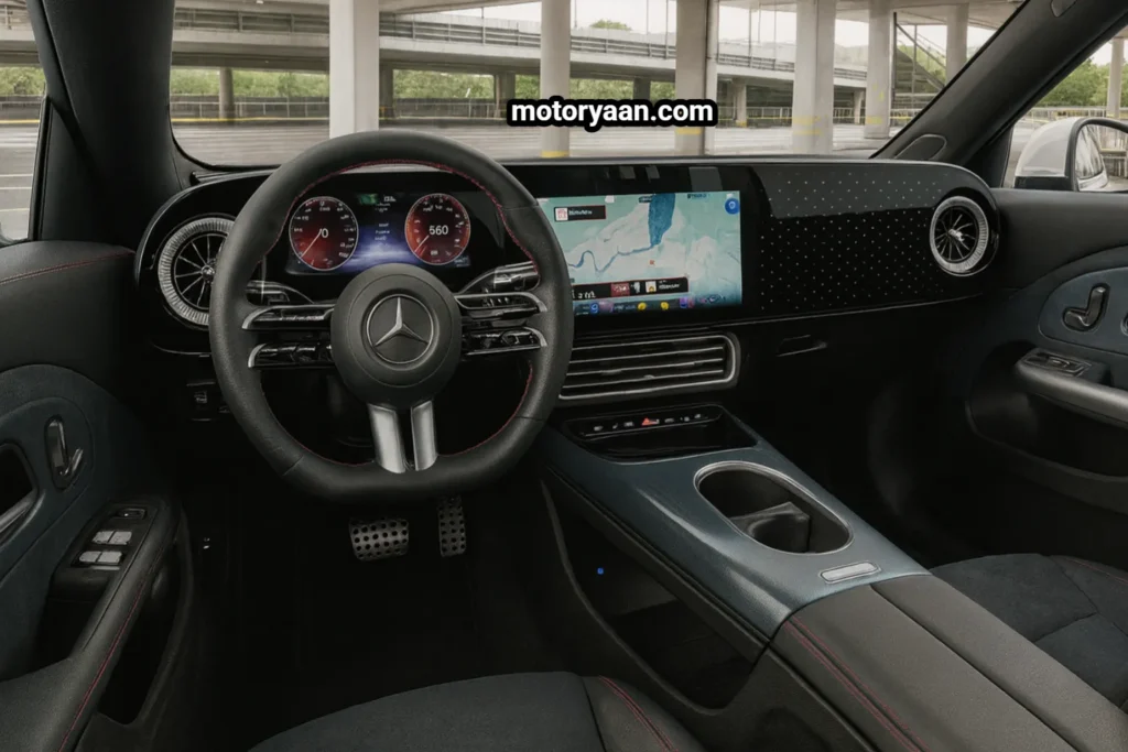 2025 Mercedes CLA 250 Plus Review interior showing dashboard, steering wheel, digital instrument cluster, infotainment screen, center console, and AC controls