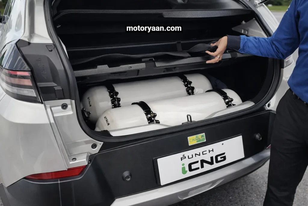 Tata Punch Facelift CNG twin cylinder setup visible in boot area with space efficient factory fitted CNG layout