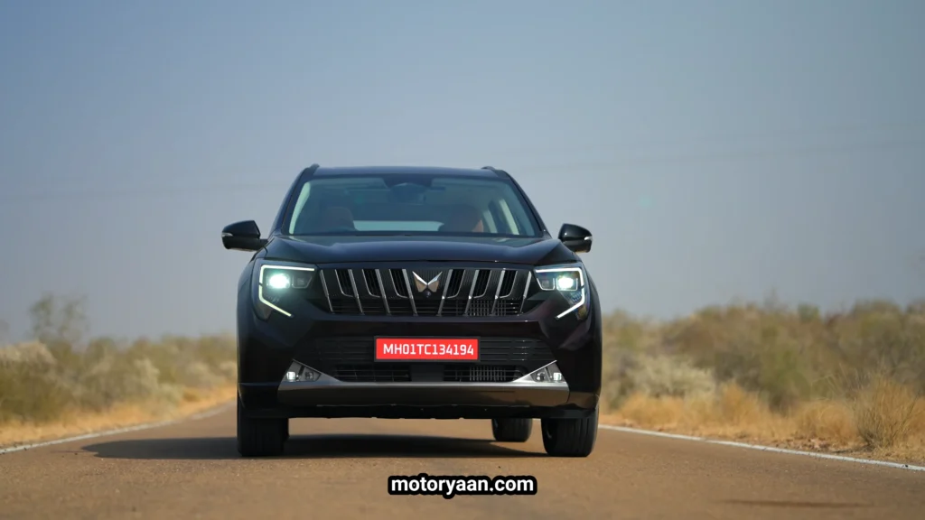 Mahindra XUV 7XO facelift front profile showing redesigned grille, LED headlights and bold SUV stance