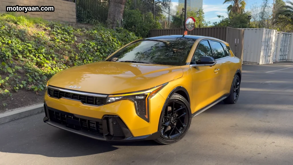 2026 Kia K4 GT Line Turbo front and side profile showing sporty hatchback design and alloy wheels