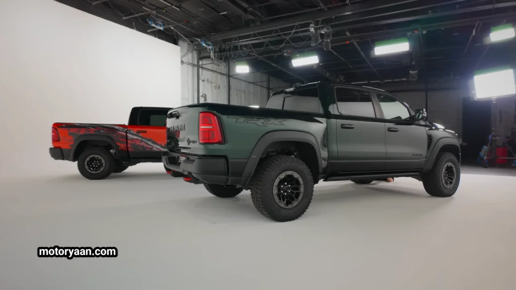 2027 Ram 1500 SRT TRX Officially Revealed side and rear view in green and Bloodshot Night Edition