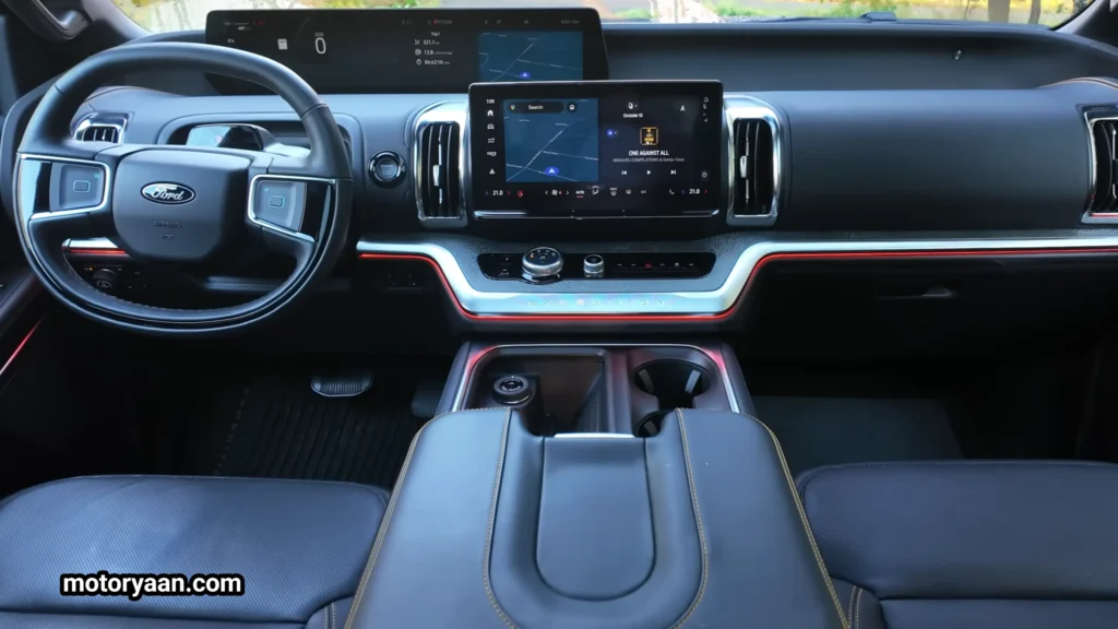 Front interior of the 2026 Ford Expedition Tremor with dashboard, steering wheel and infotainment system