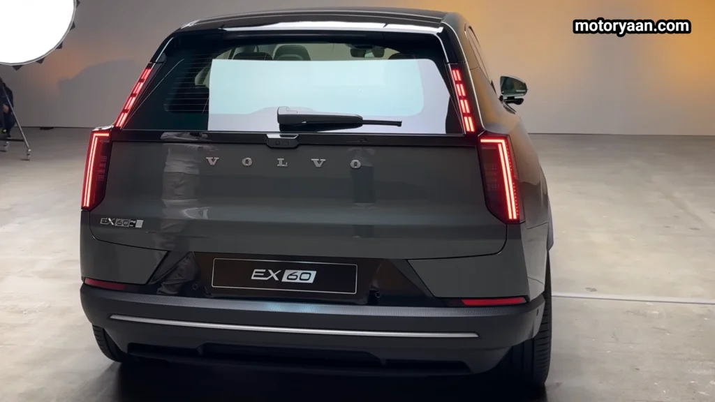 2027 Volvo EX60 rear profile showing vertical LED tail lamps