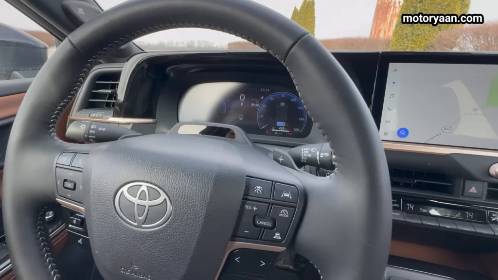 2026 Toyota Crown Signia steering wheel with mounted controls and paddle shifters