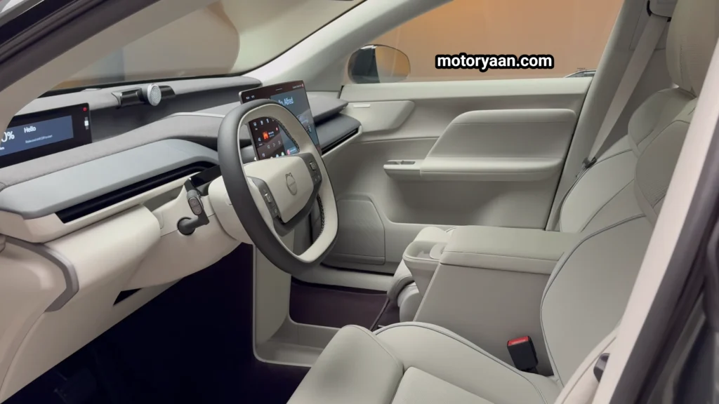 2027 Volvo EX60 interior showing dashboard steering wheel and front seats