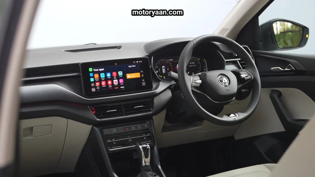 Wide angle view of the 2026 Skoda Kushaq Facelift front interior