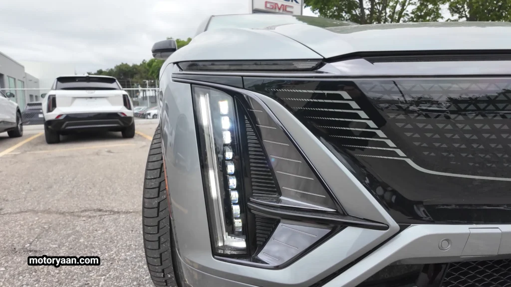 2026 Cadillac Lyriq V LED DRL and headlight close-up with vertical lighting signature