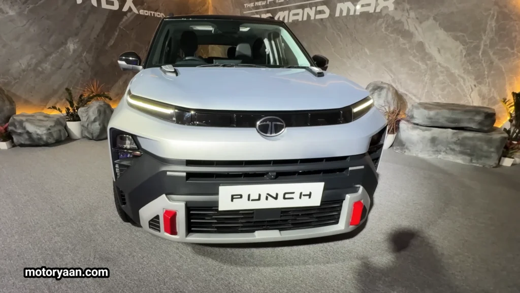 Close-up front view of 2026 Tata Punch HBX Edition showing LED DRLs, vertical headlamps and sculpted bumper