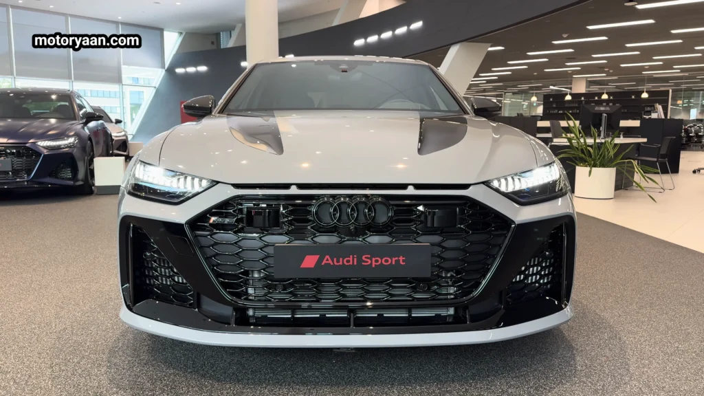 2025 Audi RS6 Avant GT close-up front profile with sporty grille and splitter