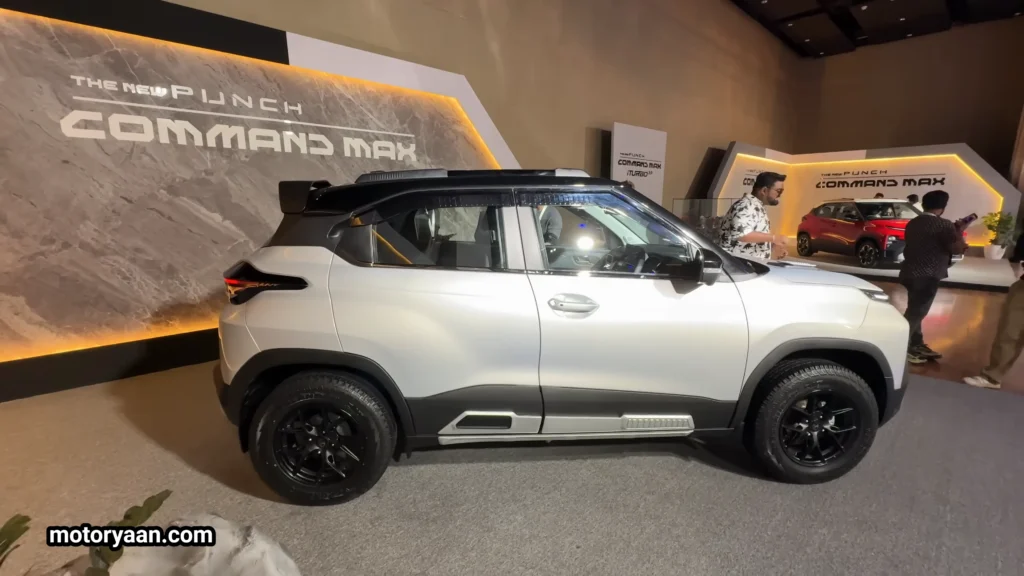 2026 Tata Punch HBX Edition side profile showing flared wheel arches, roof rails and raised ground clearance