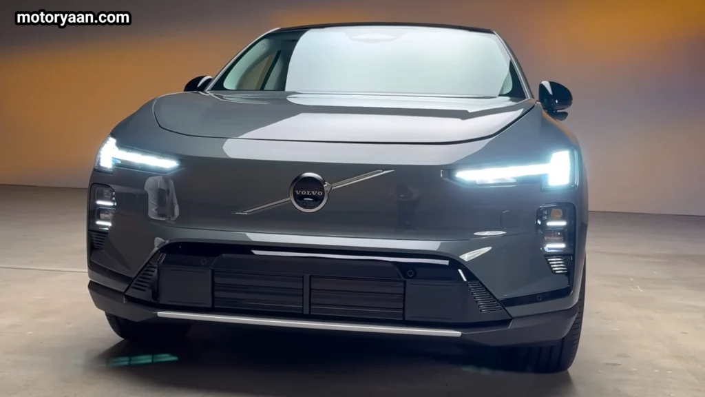 2027 Volvo EX60 complete front profile showing Thor hammer LED daytime running lights