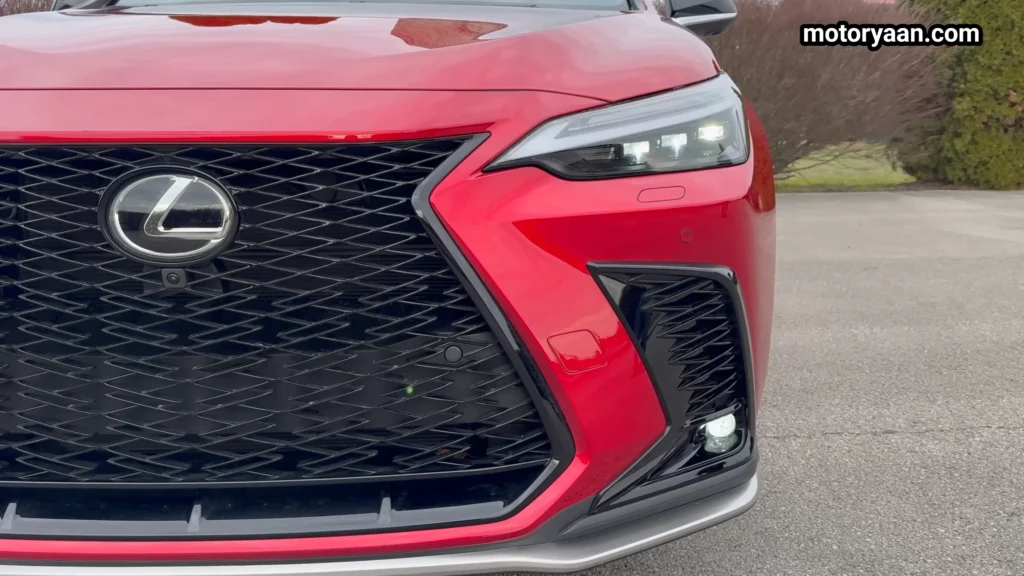 2026 Lexus NX 350h front grille and LED headlamps close up view