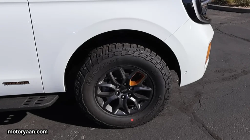 Alloy wheels of the 2026 Ford Expedition Tremor with rugged off-road tyre setup