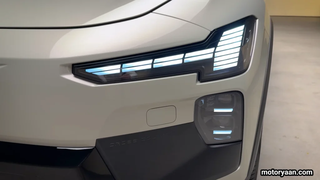 2027 Volvo EX60 Cross Country LED DRLs and headlamp close up with Thor hammer lighting