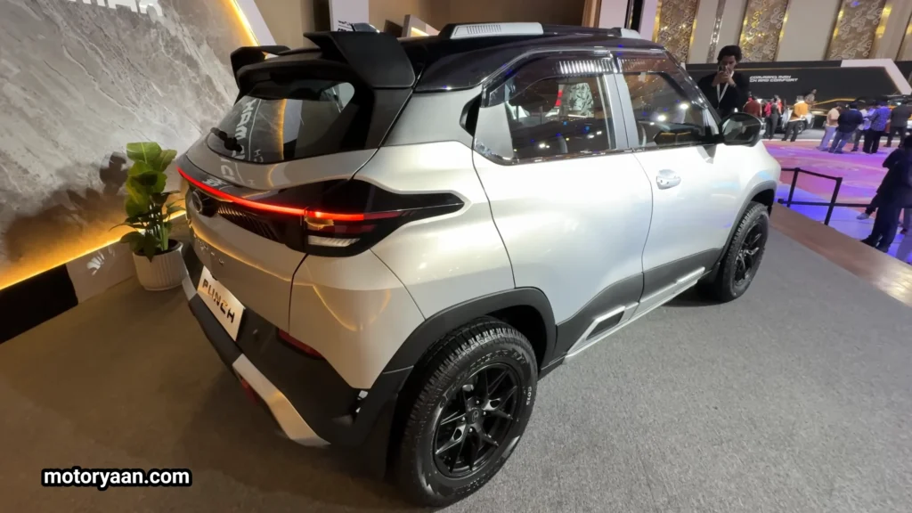 2026 Tata Punch HBX Edition side and rear profile showing roof spoiler, cladding and SUV-style design