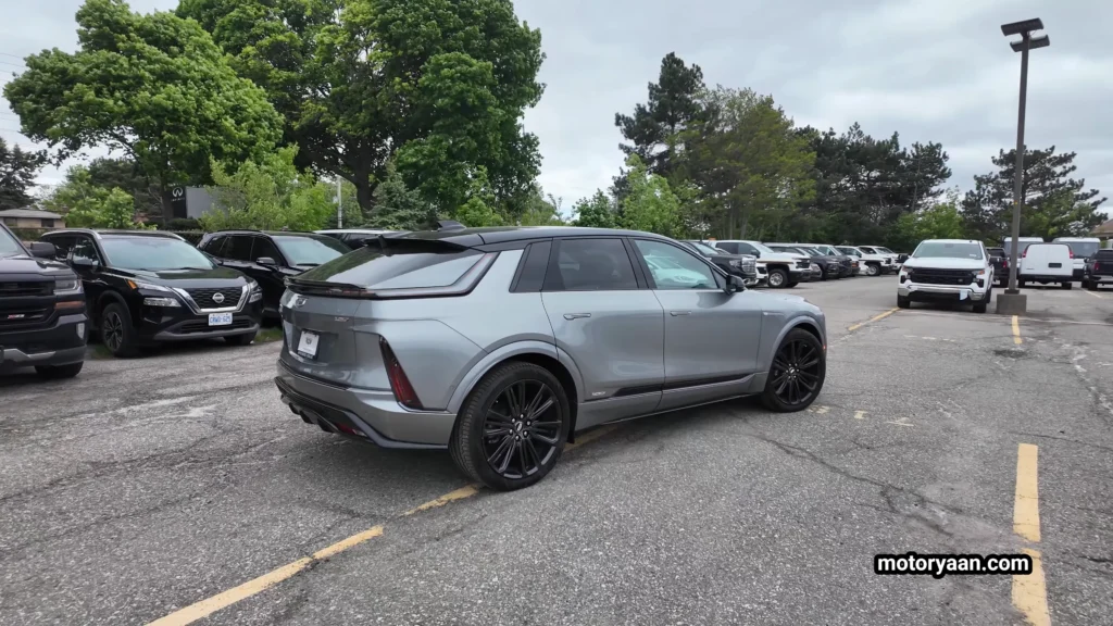 2026 Cadillac Lyriq V side and rear profile with sculpted body and LED taillights