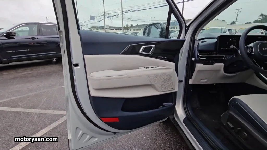 2026 Kia Carnival SX Prestige front door panel with leather trim and controls